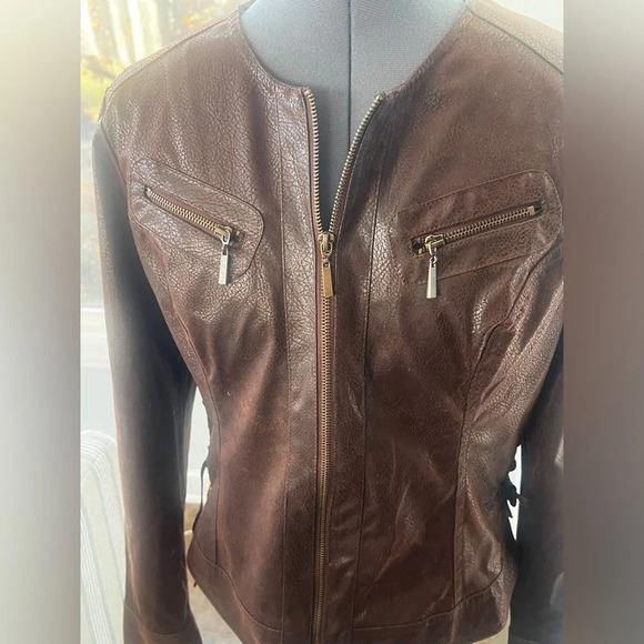 M By Marc Bouwer Sz M Brown Faux Leather Jacket Coat Side Lace up Leopard lining - Picture 4 of 16